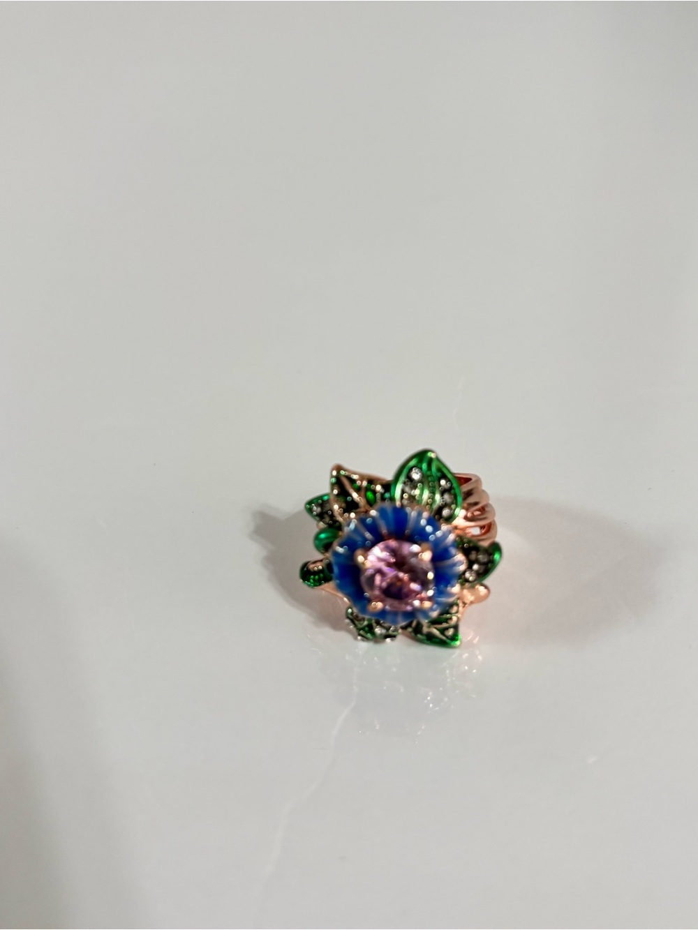 925 silver Rose Gold & Pink synthetic Zirconia Ring & Green / Purple Enamel 7 - Picture 3 of 8